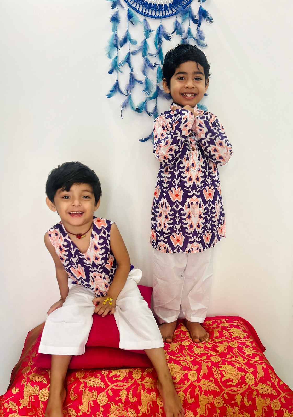 Jaipuri Print Cotton Sibling Set – Purple & White