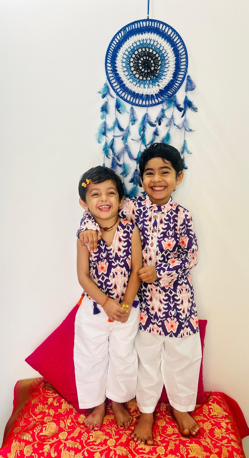 Jaipuri Print Cotton Sibling Set – Purple & White