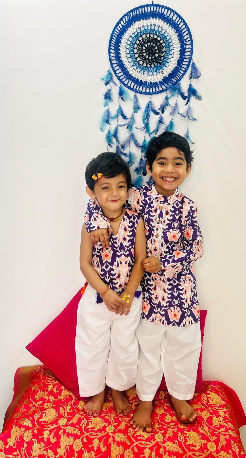 Jaipuri Print Cotton Sibling Set – Purple & White