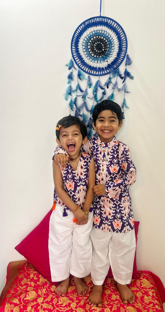 Jaipuri Print Cotton Sibling Set – Purple & White