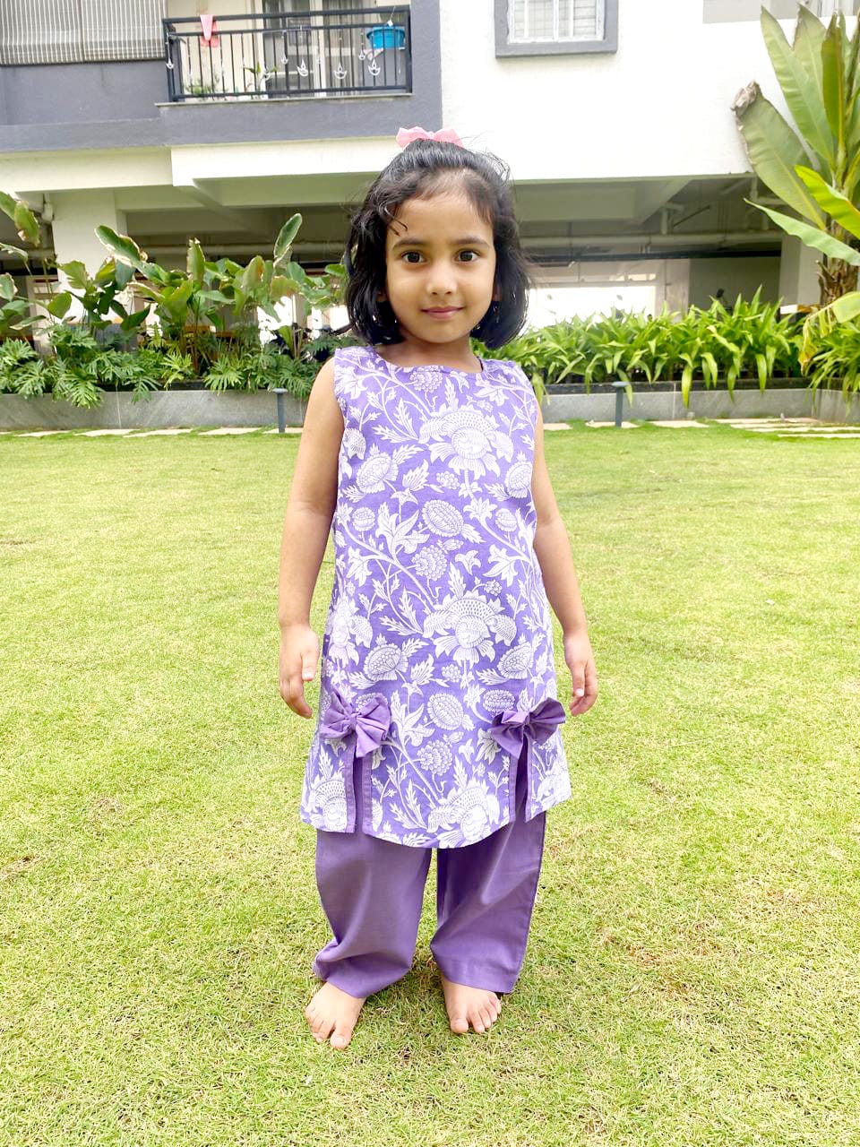 Girls' Lavender Floral Cotton Kurti Pant Set with Bows