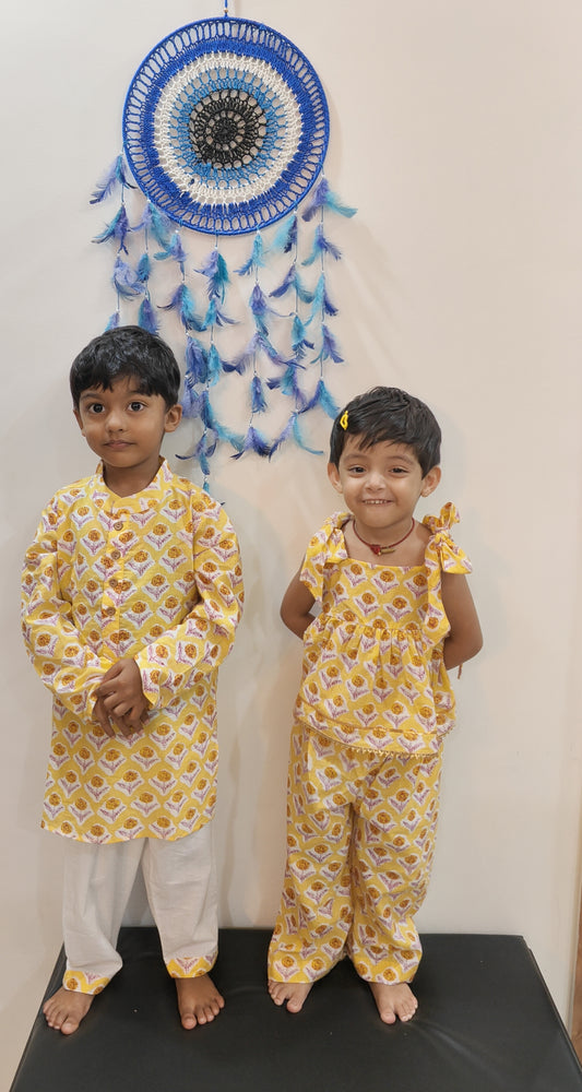 Pure Cotton Jaipuri Print Sibling Set - Yellow