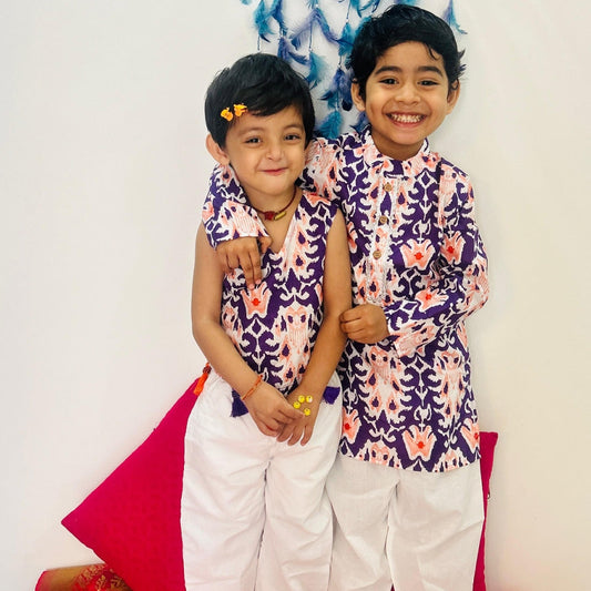 Jaipuri Print Cotton Sibling Set – Purple & White