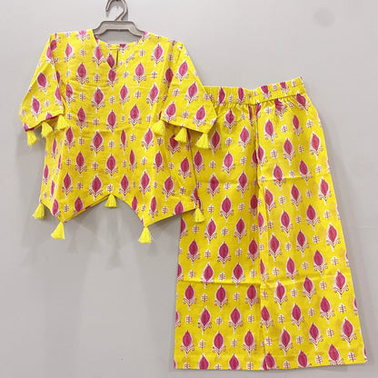 Bright Yellow Jaipuri Cotton Co-ord Set with tassels