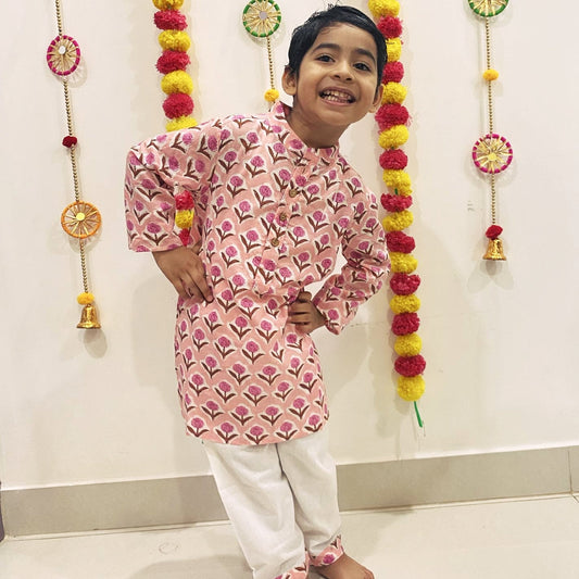 Boys’ Peach Jaipuri Cotton Kurta Set
