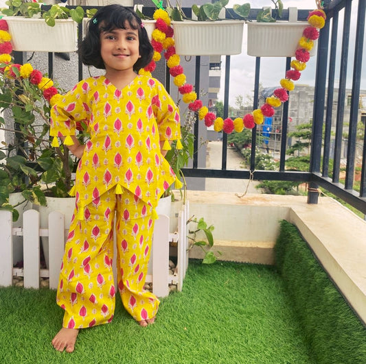 Bright Yellow Jaipuri Cotton Co-ord Set with tassels