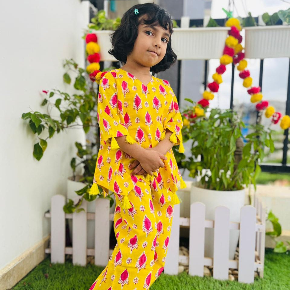 Bright Yellow Jaipuri Cotton Co-ord Set with tassels
