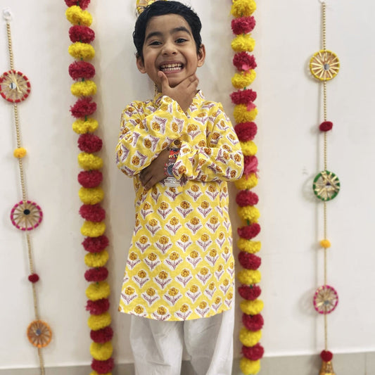 Boys’ Yellow Jaipuri Cotton Kurta Set