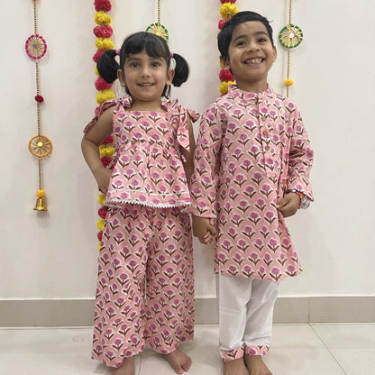 Pure Cotton Jaipuri Print Sibling Set- Pink
