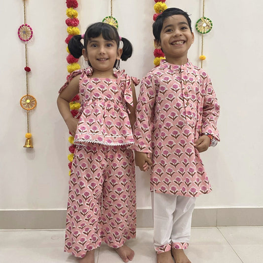 Pure Cotton Jaipuri Print Sibling Set- Pink