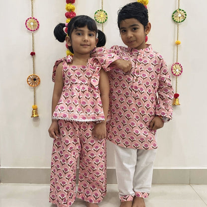 Pure Cotton Jaipuri Print Sibling Set- Pink