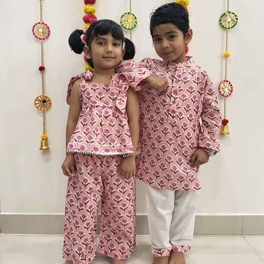Pure Cotton Jaipuri Print Sibling Set- Pink