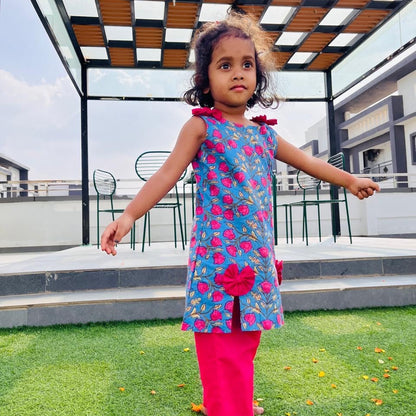 Girls' Blue & Pink Floral Cotton Kurti Pant Set with Bows
