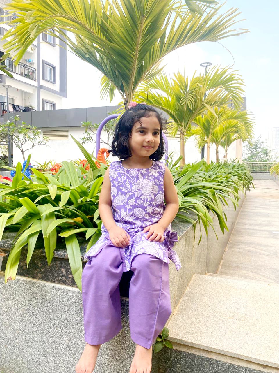 Girls' Lavender Floral Cotton Kurti Pant Set with Bows