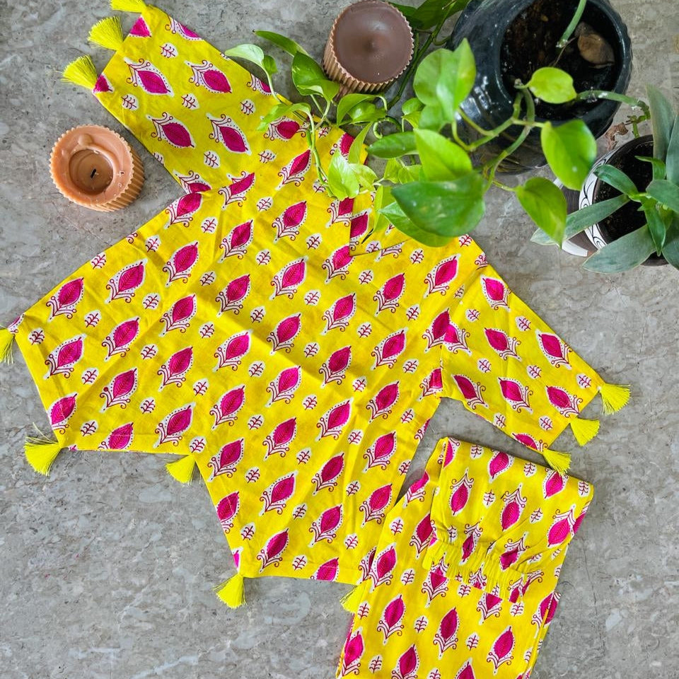 Bright Yellow Jaipuri Cotton Co-ord Set with tassels