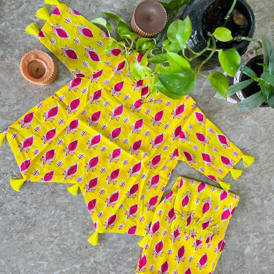 Bright Yellow Jaipuri Cotton Co-ord Set with tassels