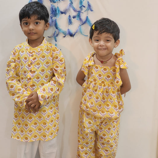 Pure Cotton Jaipuri Print Sibling Set - Yellow