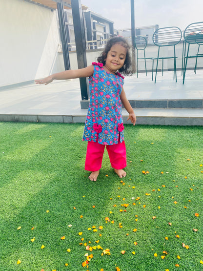 Girls' Blue & Pink Floral Cotton Kurti Pant Set with Bows