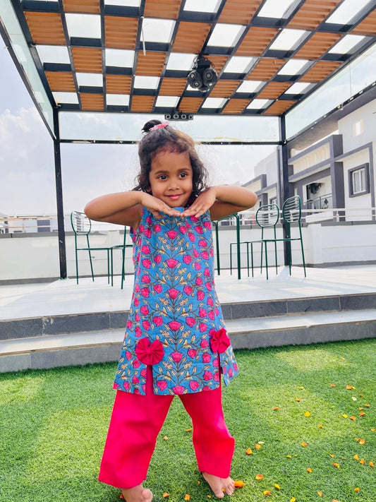 Girls' Blue & Pink Floral Cotton Kurti Pant Set with Bows